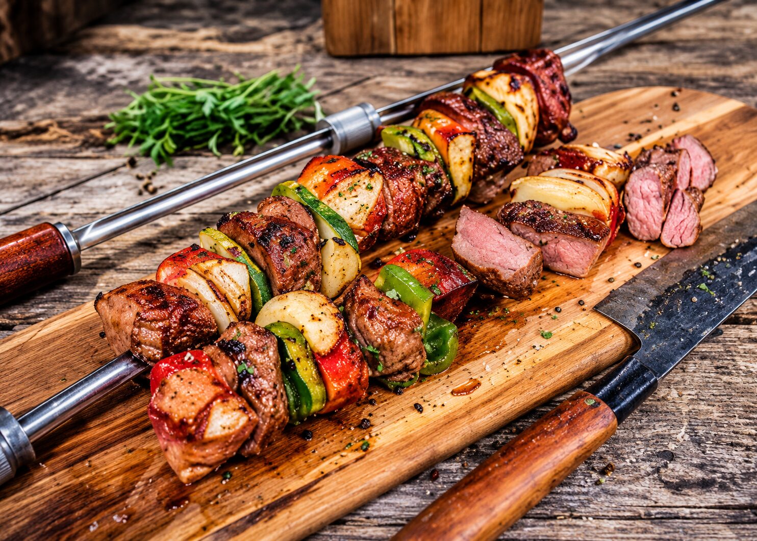 Burgherrenspieß mit Butterreis, Pommes frites und Karotten-Krautsalat